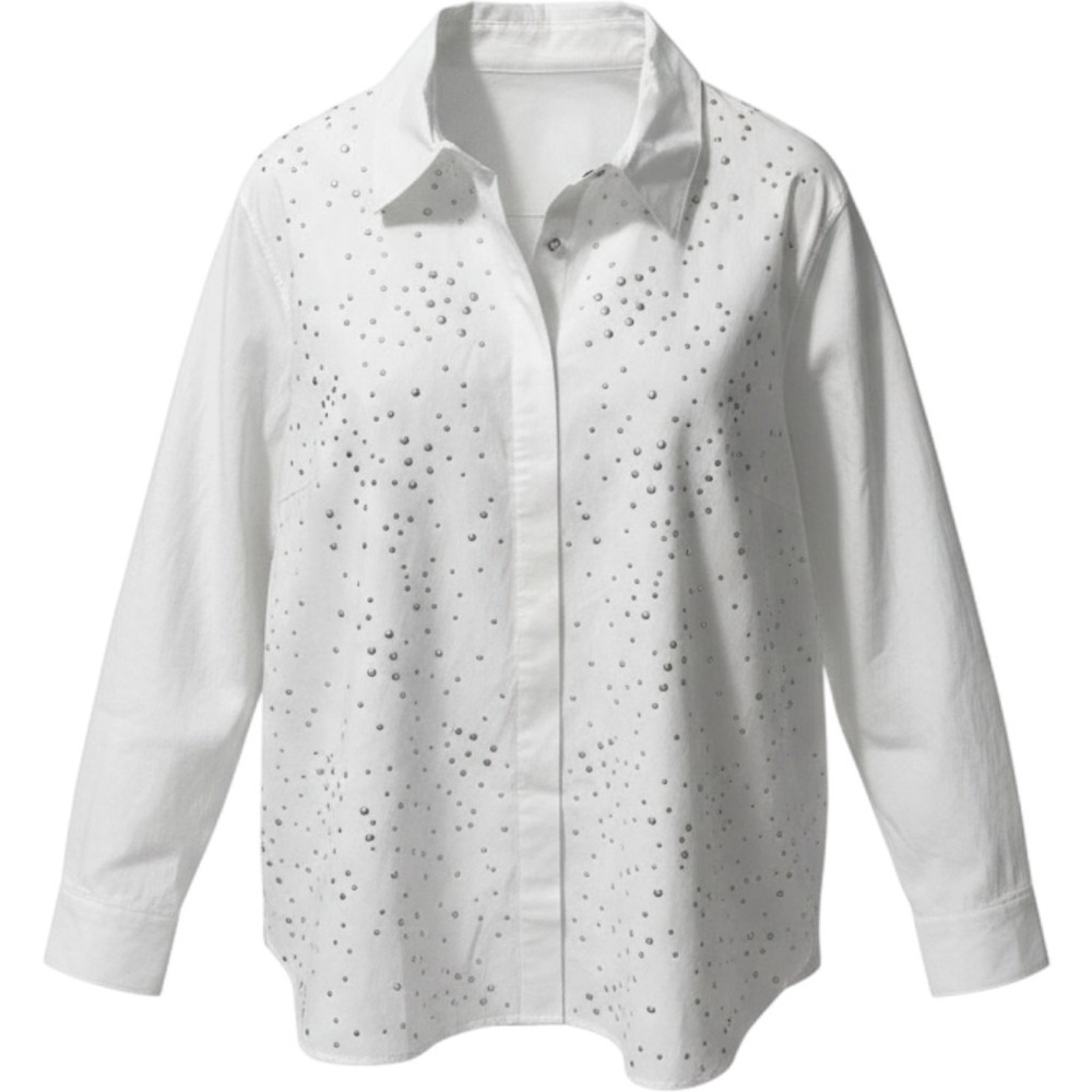 DKNY JEANS Women Plus Size Long Sleeves Blouse White with Lots of Bling Size 2X